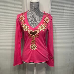 Johnny Was Joystick Top Pink Embroidered Long Sleeve Knit Y2K Hippie 90s *READ*